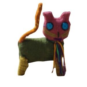 Folk Art Wool Standing Cat 8" Tall Colorful Unique